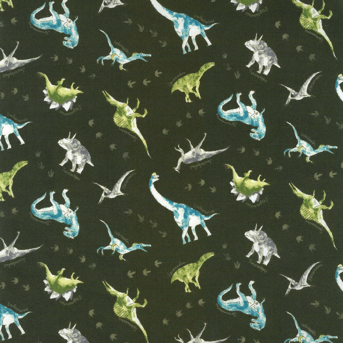 Kokka Water Blur - Dinosaur Cotton Sheeting - Dark Green